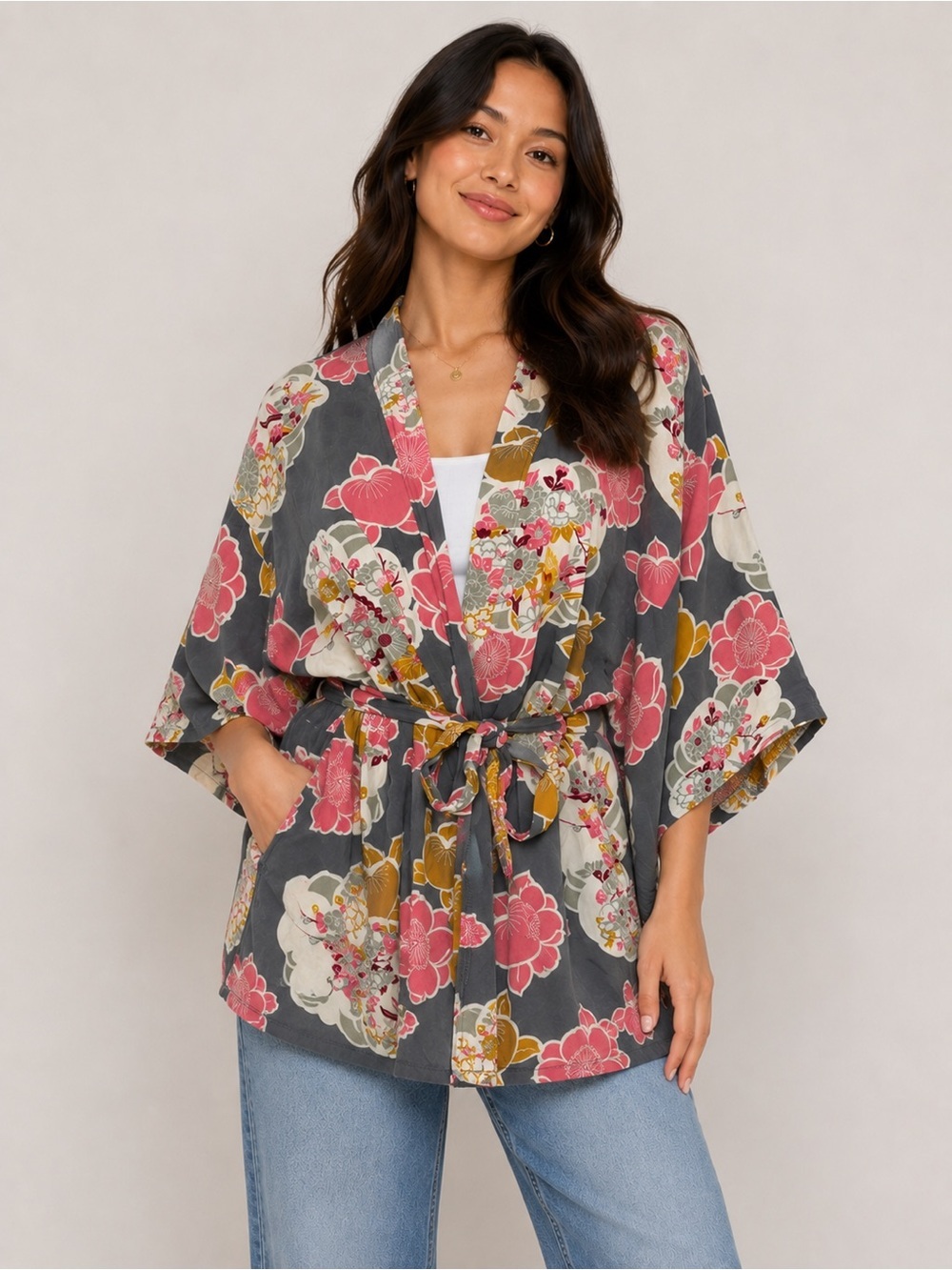Josie by Natori Robe Kimono Womens Medium  Gray Multi Floral Boho Colorful Boho